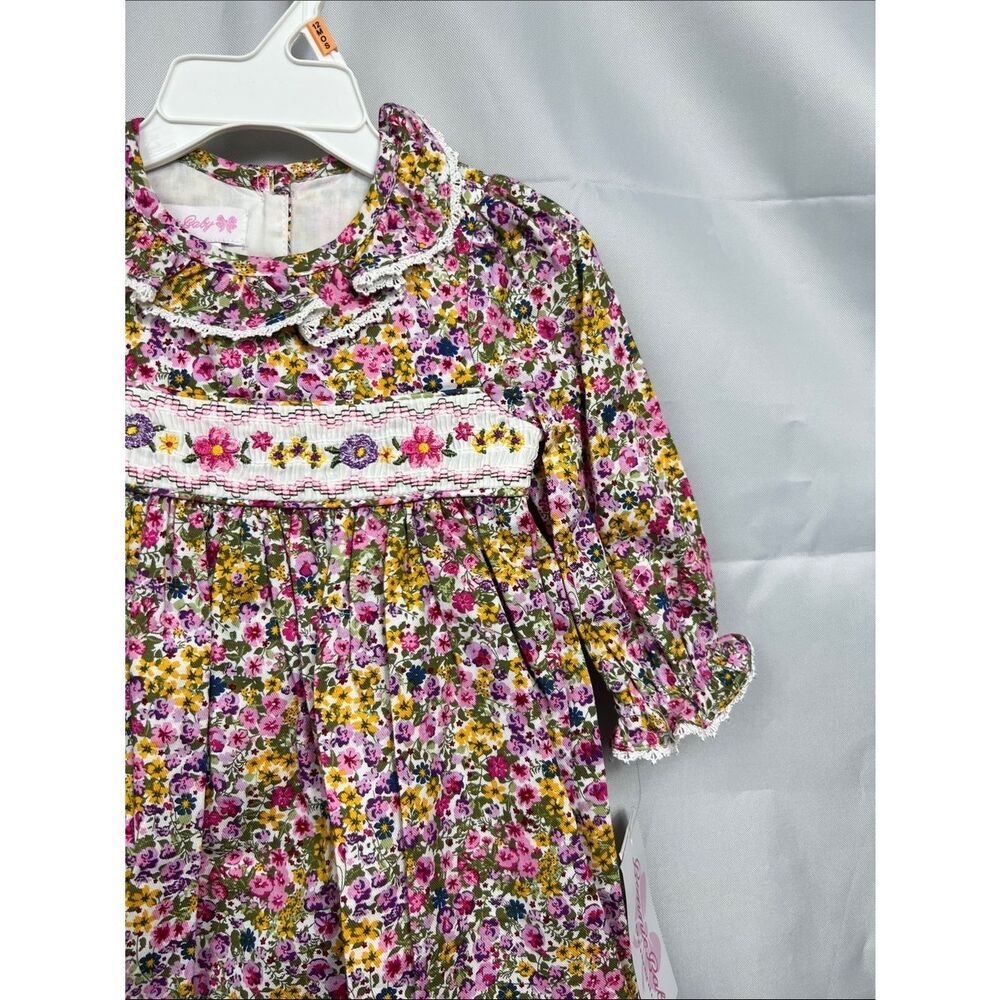 Bonnie Baby Pink floral long sleeve smocked dress with diaper cover size 12 m - Picture 3 of 13